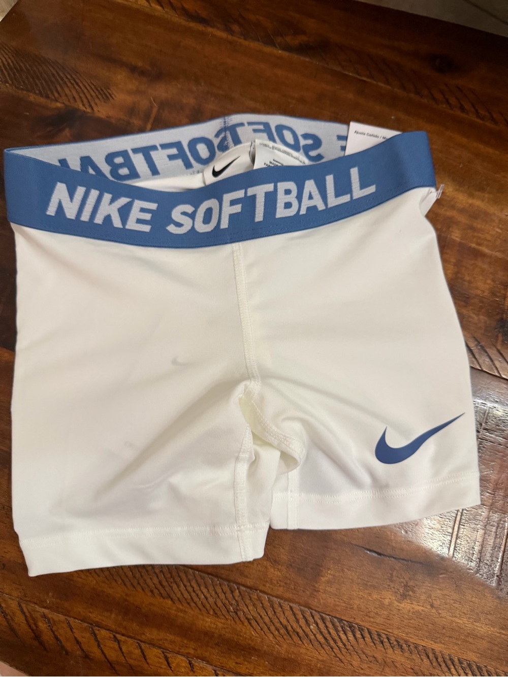 Nike White Girls' Shorts with Blue 'NIKE SOFTBALL' Waistband